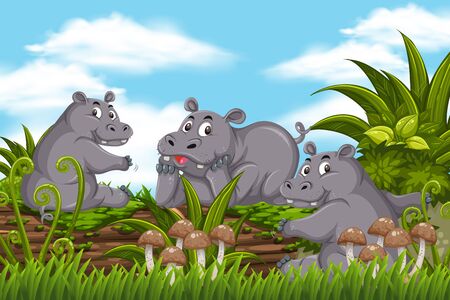 Hippo in jungle scene illustrationのイラスト素材