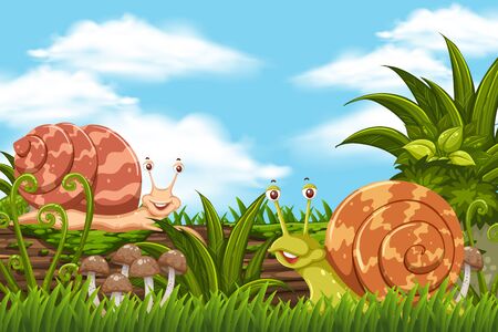 Snails in jungle scene illustrationのイラスト素材