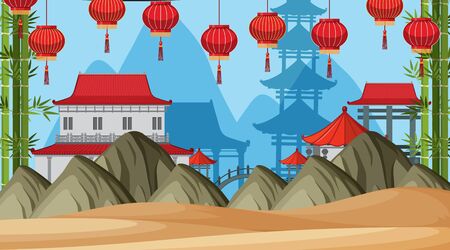 An outdoor scene with Asian castle illustrationのイラスト素材
