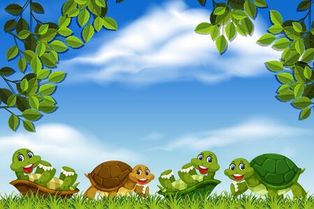 Turtles in park scene illustrationのイラスト素材