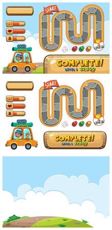 Set of game templates with car on dirt road illustrationのイラスト素材