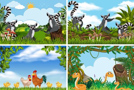 Set of various animals in nature scenes illustrationのイラスト素材