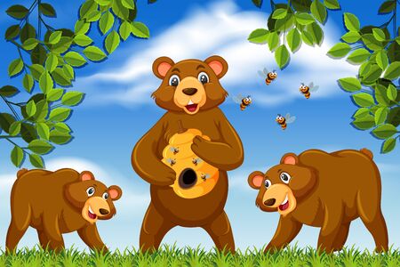 Honey bears in jungle scene illustrationのイラスト素材