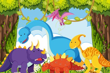 Dinosaurs in jungle scene illustrationのイラスト素材