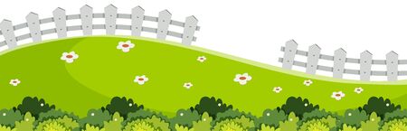 Landscape background with green grass and white fence illustrationのイラスト素材