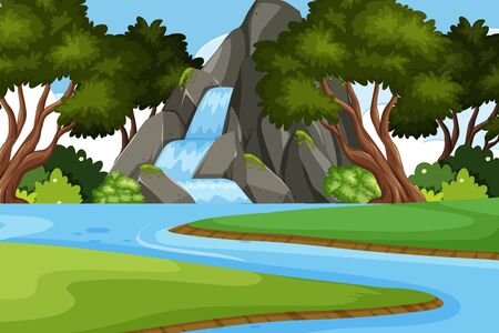 Landscape background design with waterfall in forest illustrationのイラスト素材