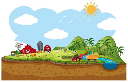 Background scene of farmland with many animals illustrationのイラスト素材