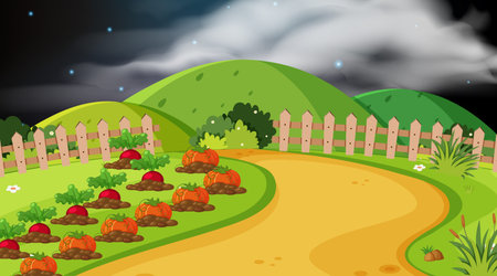 Landscape background design of vegetable garden at night illustrationのイラスト素材