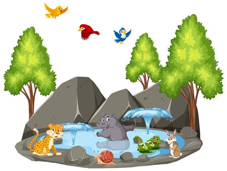Background scene of wild animals and fountain illustrationのイラスト素材