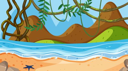 Landscape background design with ocean and mountains  illustrationのイラスト素材