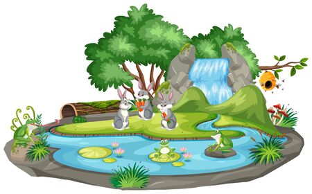 Background scene of rabbits by the waterfall illustrationのイラスト素材