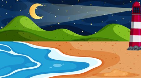 Nature scene with lighthouse on the beach illustrationのイラスト素材