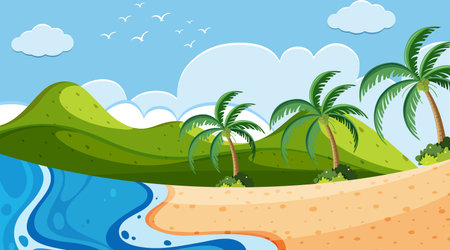 Nature scene with ocean and trees on the hills illustrationのイラスト素材