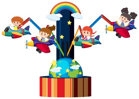 Four kids on airplane ride at circus illustrationのイラスト素材