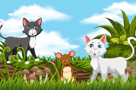 Cats and mouse in jungle scene illustrationのイラスト素材