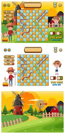 Set of game templates with famers and barns illustrationのイラスト素材