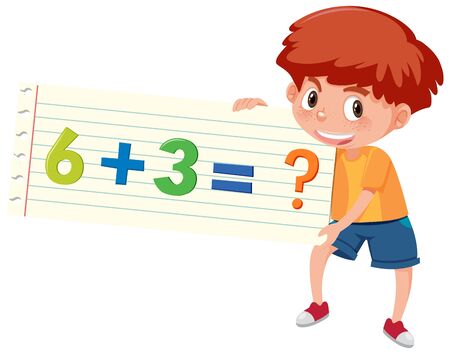 Boy holding math question of addition illustrationのイラスト素材