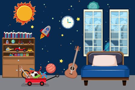 Bedroom with space wallpaper illustrationのイラスト素材