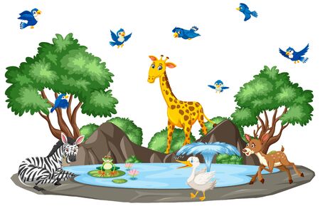 Background scene of wild animals and pond illustrationのイラスト素材