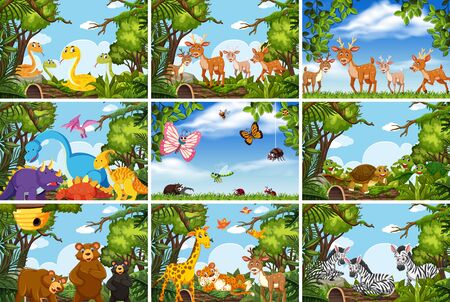 Set of various animals in nature scenes illustrationのイラスト素材