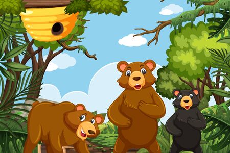 Cute bear in jungle scene illustrationのイラスト素材
