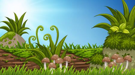 Landscape background design of wooden log with mushrooms illustrationのイラスト素材