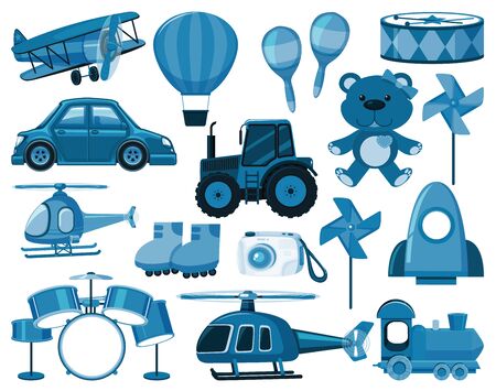 Large set of blue toys and other objects illustrationのイラスト素材