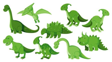 Large set of different types of dinosaurs in green illustrationのイラスト素材