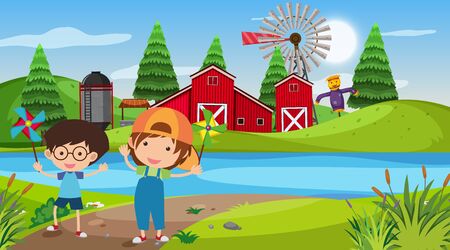 Nature scene with kids on the farm illustrationのイラスト素材