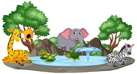 Background scene of wild animals by the pond illustrationのイラスト素材