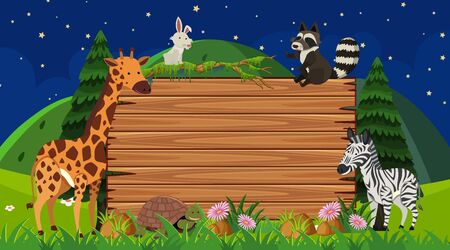 Wooden board with many animals in the park illustrationのイラスト素材