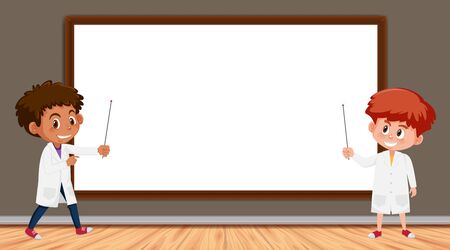Border template with two boys in lab gown illustrationのイラスト素材