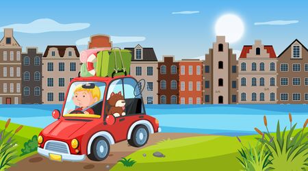 Nature scene with man driving in the city illustrationのイラスト素材