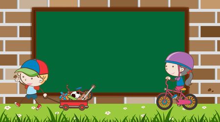 Border template with boy and girl playing in the park illustrationのイラスト素材