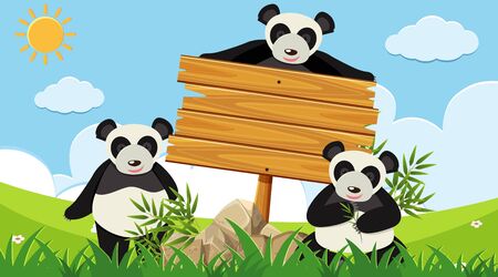 Wooden sign with three pandas in the park illustrationのイラスト素材