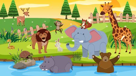 Background scene with many wild animals in the park illustrationのイラスト素材