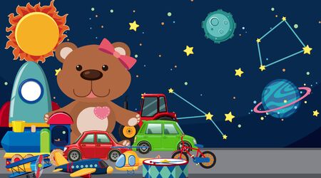 Space background and many cute toys illustrationのイラスト素材
