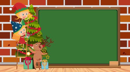Border template with girls decorating christmas tree  illustrationのイラスト素材