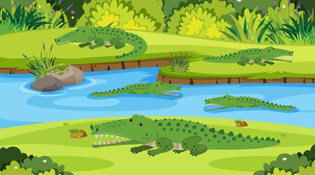 Background scene with crocodiles in the river illustrationのイラスト素材