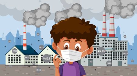 Boy wearing mask standing in front of factory buildings illustrationのイラスト素材