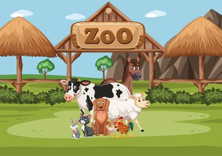 Scene with wild animals in the zoo at day time illustrationのイラスト素材