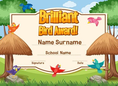 Certificate template for brillant bird award with birds flying illustrationのイラスト素材