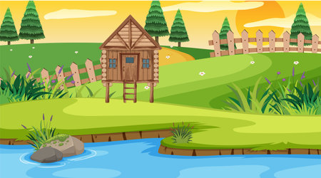 Scene with wooden cottage in the field illustrationのイラスト素材
