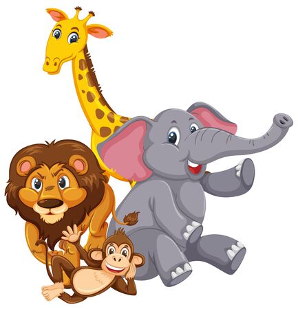 Different types of wild animals on white background illustrationのイラスト素材