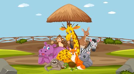 Scene with wild animals in the zoo at day time illustrationのイラスト素材