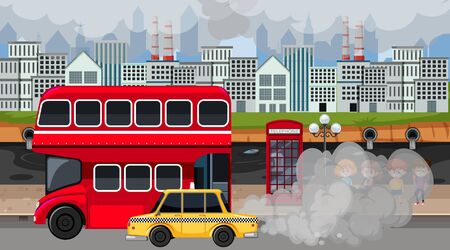Scene with cars and factory buildings making dirty smoke in the city illustrationのイラスト素材