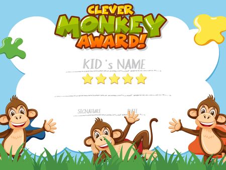 Certificate template for clever monkey award with monkeys in background illustrationのイラスト素材