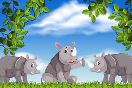 Rhinoceros in nature scene illustrationのイラスト素材