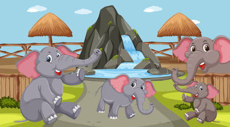 Scene with wild animals in the zoo at day time illustrationのイラスト素材