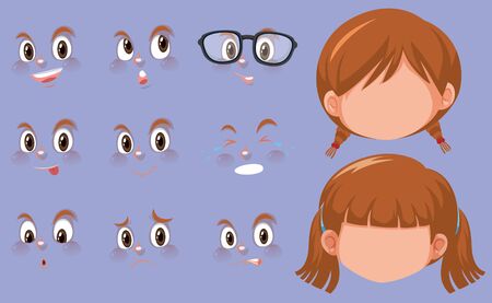 Set of human heads and different expressions on the face illustrationのイラスト素材